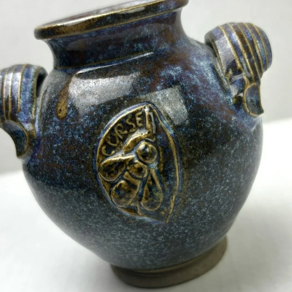 Small Vase 4” Two Handles Earth Décor Pyrite & Flame Signed Truchon Corse Bee EC